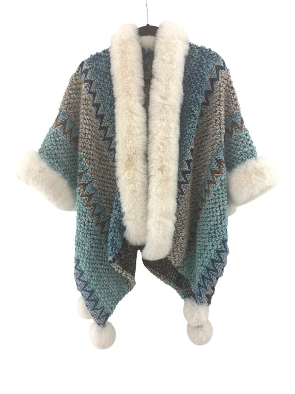 Crochet Knit Cape Coat Poncho‎ Faux Fur Pom Poms Balls OS Wrap Cardigan Jacket
